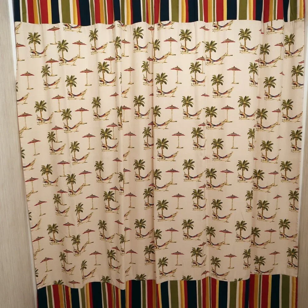 Beach Umbrellas & Palm Trees Striped Border Fabric Shower Curtain